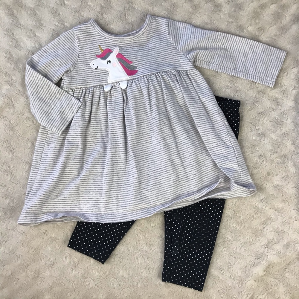 Carter’s Unicorn Dress & Polka Dot Leggings Gray Black White Pink
